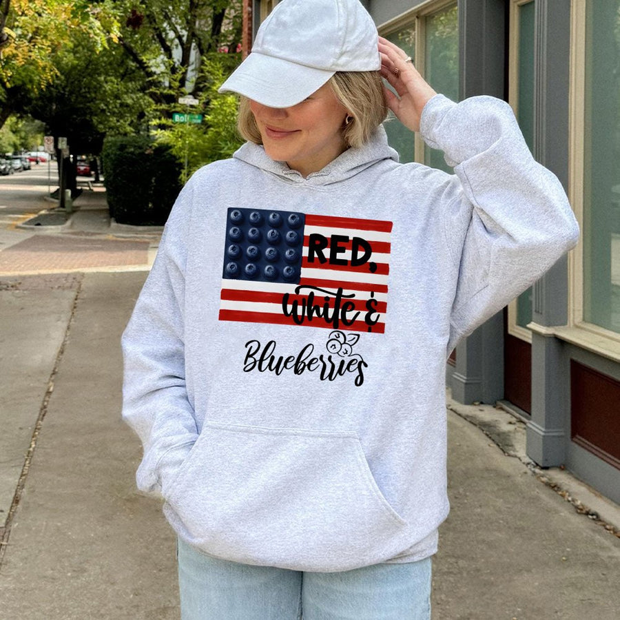 Red White and Blueberries Hoodie | Patriotic American Flag Graphic | Premium Cotton Blend | 4th of July Gift for Men and Women