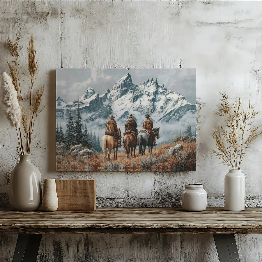 Western Canvas Wall Art | Three Cowboys Riding Into Snow Mountains | Premium Gallery-Wrapped Print | Rustic Home Decor & Cowboy Gift