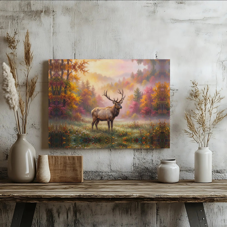 Majestic Elk Landscape Horizontal Canvas | Vibrant Autumn Forest Scene with Wild Deer | Fade-Resistant 1.25 Inch Gallery Wrap Premium Wall Art | Cozy Cabin Decor, Wilderness Gift for Nature Lovers