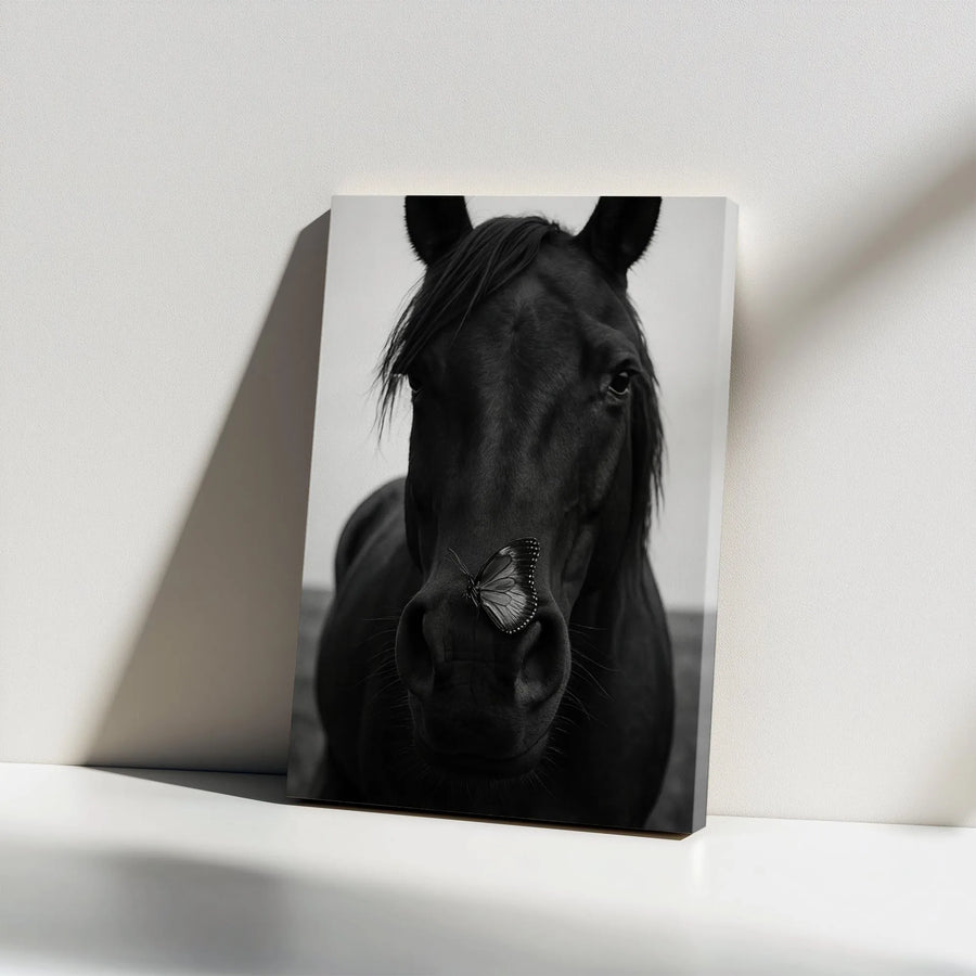 Black Horse and Butterfly Vertical Canvas | Monochrome Photography Wall Art | Premium 1.25" Thick Gallery Wrap | Modern Farmhouse Decor Gift for Equestrian