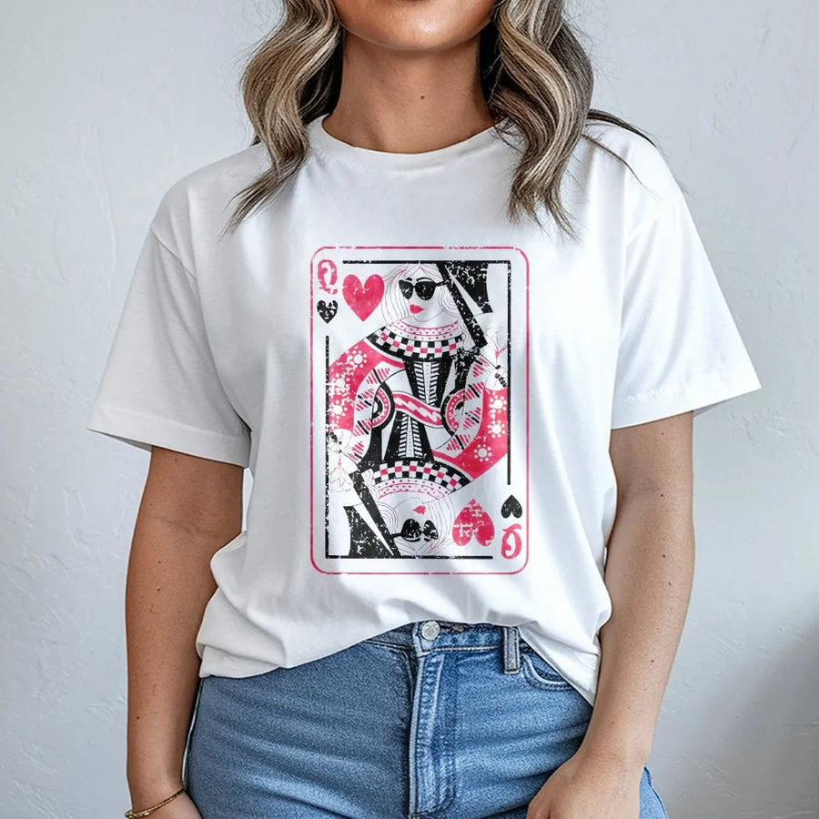 Queen of Hearts Playing Card T-Shirt | Retro Grunge Pink Heart Design | 100% Premium Cotton Tee | Romantic Gift for Her Valentine Day Outfit