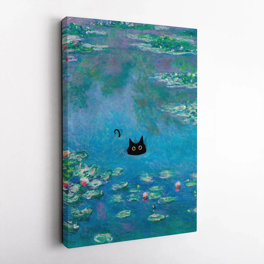 Black Cat Wall Art | Impressionist Water Lilies Pond Painting | Premium Gallery-Wrap Canvas Print | Unique Gift for Cat Lovers & Art Enthusiasts