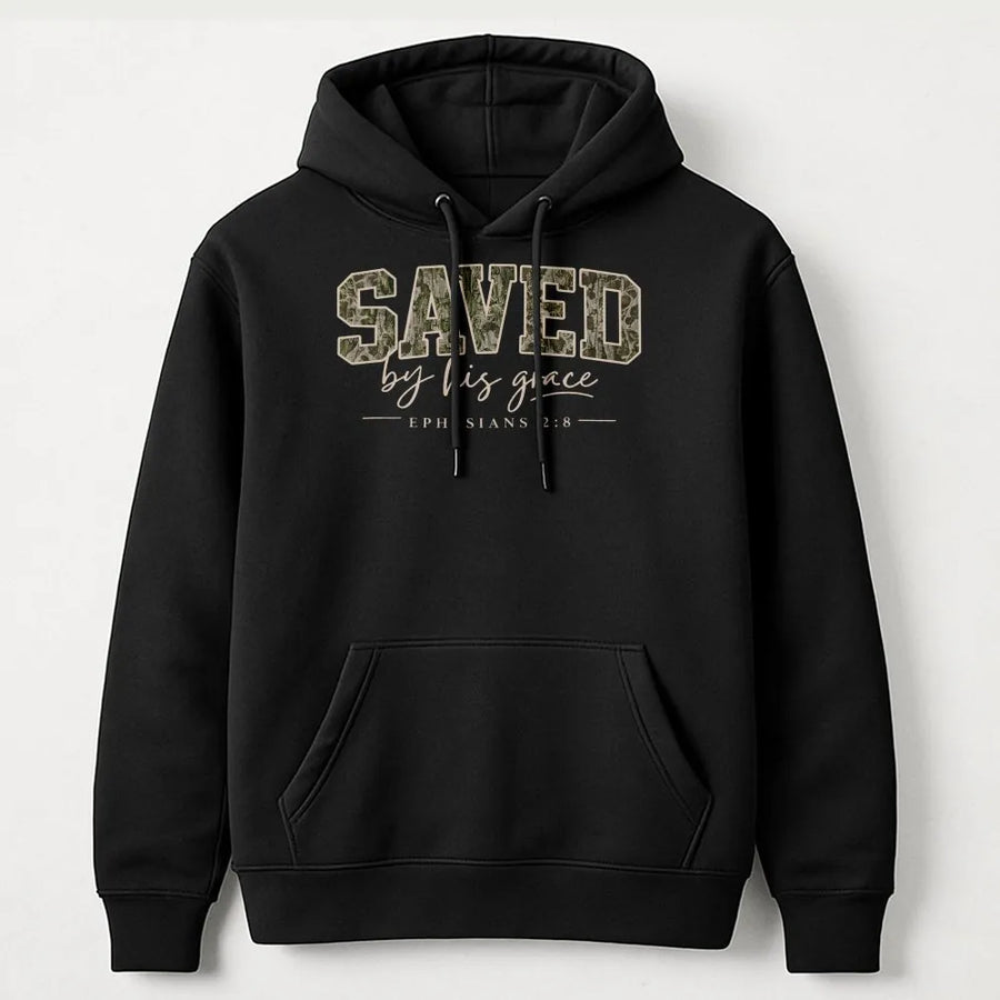 Saved By Grace Hoodie | Camo Print Bible Verse Graphic | Soft Cotton Blend | Christian Faith Apparel Gift for Men & Women
