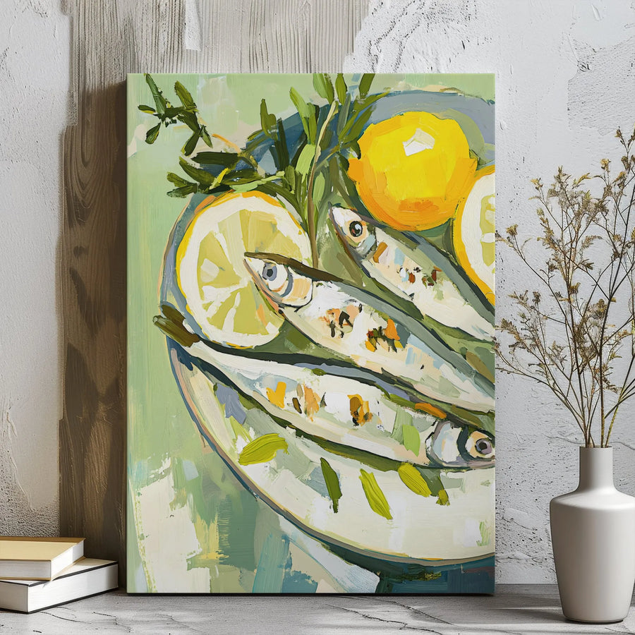 Sardines and Lemons Canvas Print | Impressionist Kitchen Wall Art | 1.25 Inch Gallery Wrap | Premium Decor for Foodie Home Chefs