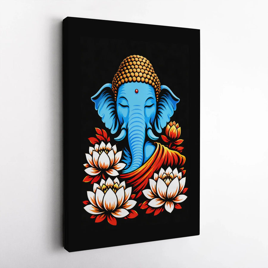 Ganesha Canvas Wall Art | Blue Meditating Buddha With Lotus Flowers | Premium Gallery Wrap Print | Spiritual Home Decor Gift