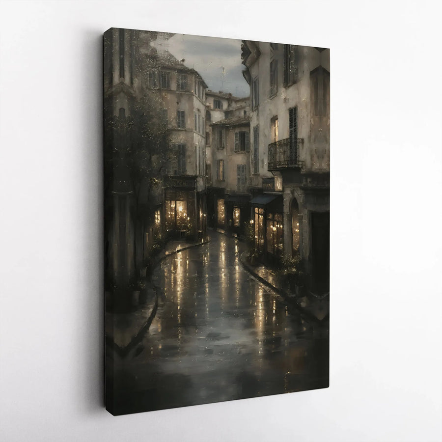 Rainy European Street Canvas Print | Moody Nighttime Cityscape Wall Art | Premium Gallery-Wrapped Decor | Gift for Travel Lovers
