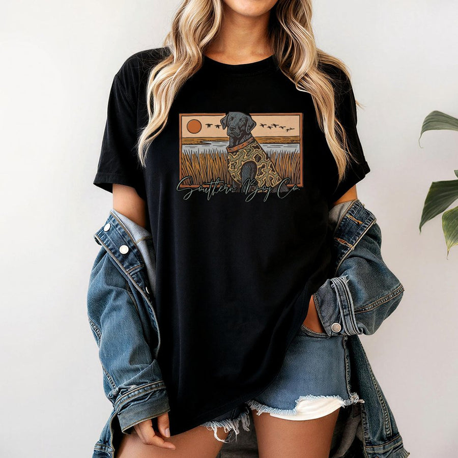 Black Labrador T-Shirt | Rustic Marsh Duck Hunting Scene | 100% Cotton Premium Tee | Outdoorsman Gift for Dog Lovers