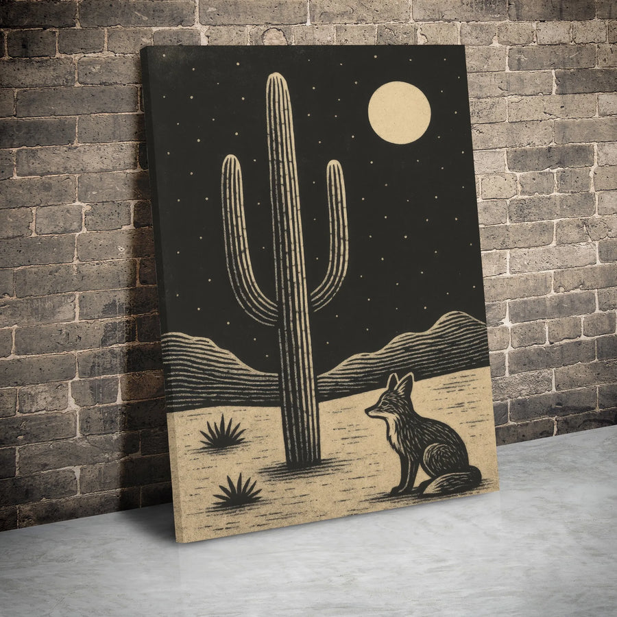 Desert Fox Canvas Wall Art | Night Saguaro Cactus Linocut Illustration | Premium Gallery Wrap Decor | Southwestern Boho Home Gift