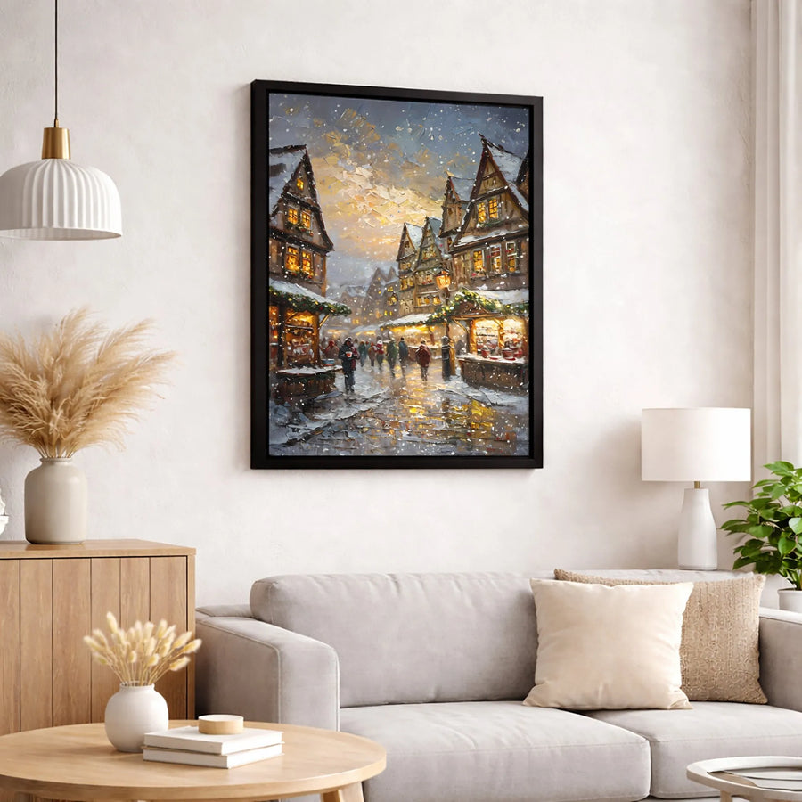 Christmas Market Canvas Print | Snowy European Village Oil Painting | 1.25 Inch Gallery Wrap | Festive Holiday Home Decor Gift