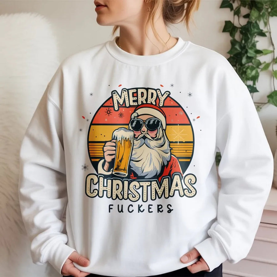 Funny Santa Sweatshirt | Offensive Christmas Drinking Graphic | Premium Cotton-Poly Blend | Sarcastic Xmas Gift For Him And Her
