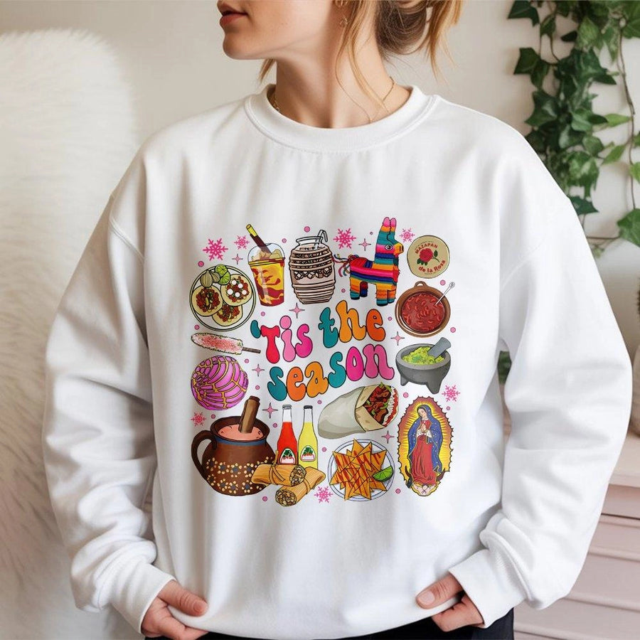 Mexican Christmas Sweatshirt | Tis The Season Food Graphic | Premium Cotton Blend Crewneck | Festive Cultural Holiday Gift For Hispanic Family