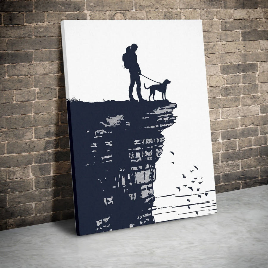 Hiker With Dog Canvas Wall Art | Mountain Cliff Silhouette Print | Premium Gallery-Wrapped Decor | Hiking Enthusiast Gift