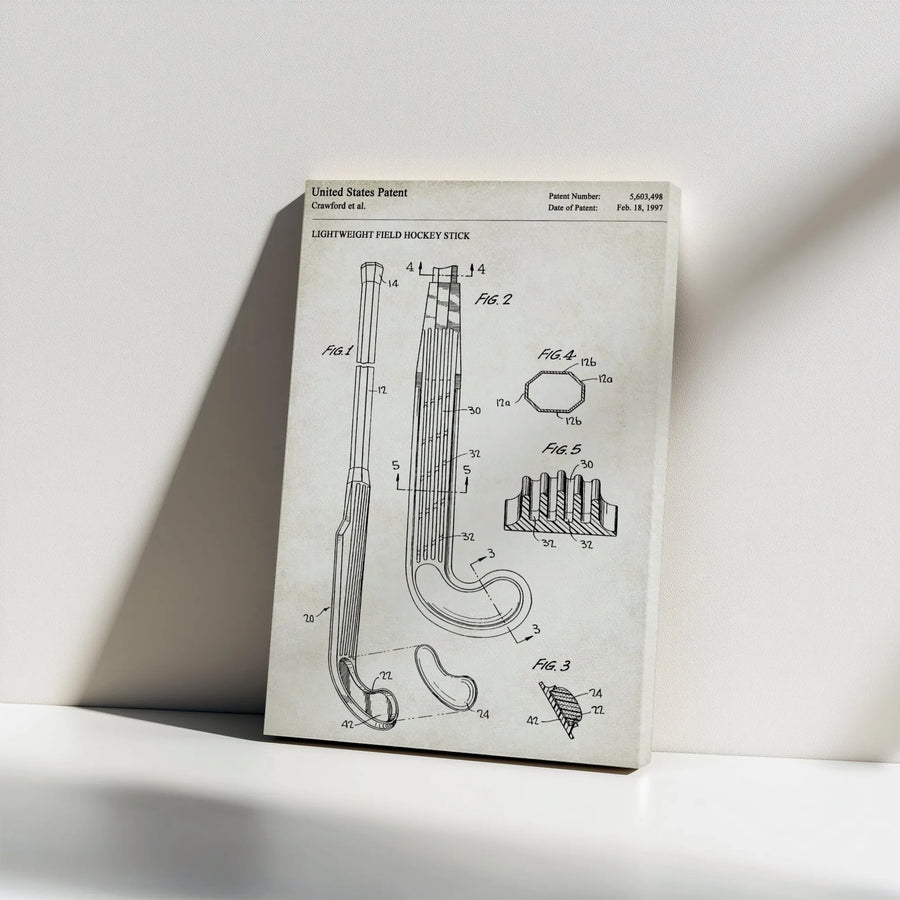 Field Hockey Stick Patent Print | Vintage Technical Drawing Wall Art | Premium Gallery-Wrap Canvas | Unique Gift for Field Hockey Coach and Players