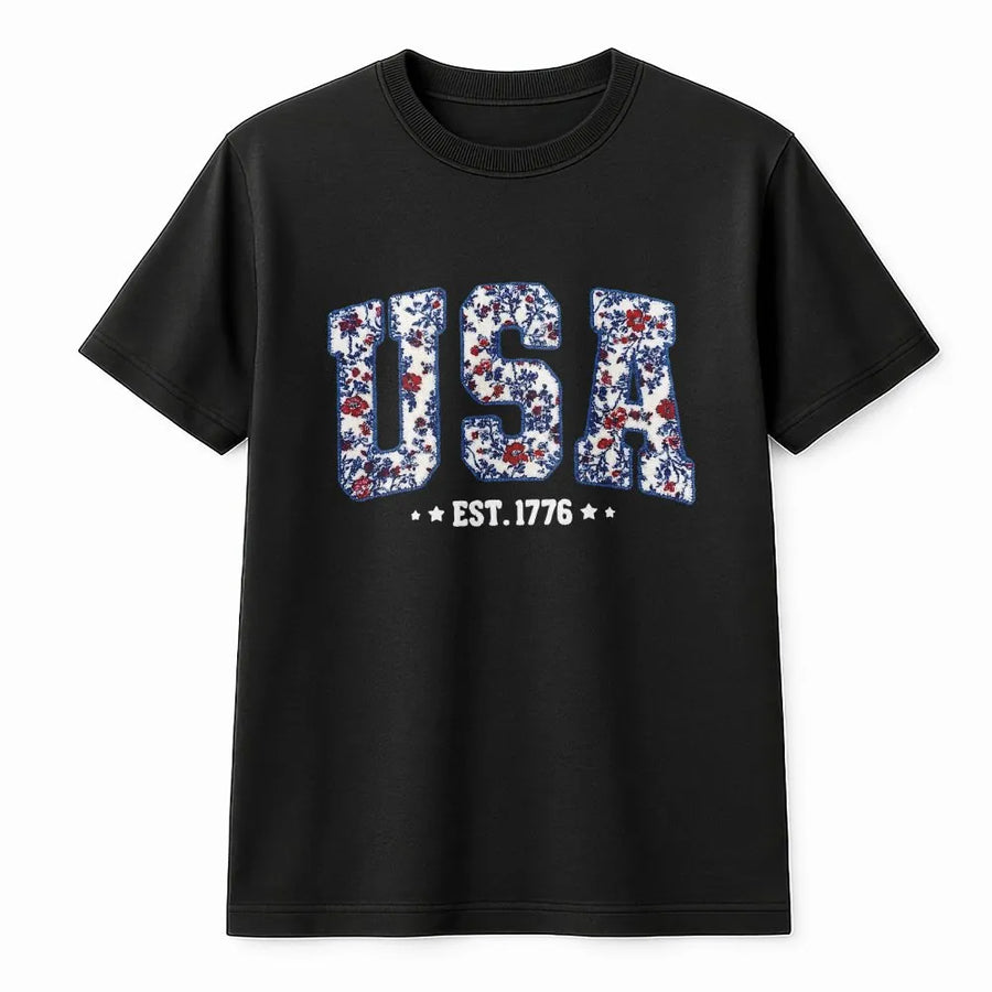 Patriotic USA Floral Shirt | Vintage Faux Patchwork Design | Comfort Colors EST 1776 Tee | Fourth of July Gift for Her
