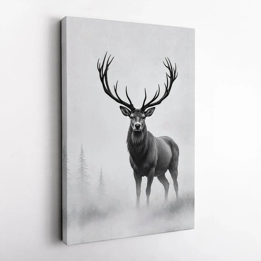 Stag Canvas Wall Art | Majestic Deer in Misty Forest Portrait | Premium 1.25" Gallery Wrap | Modern Farmhouse Living Room Decor Gift