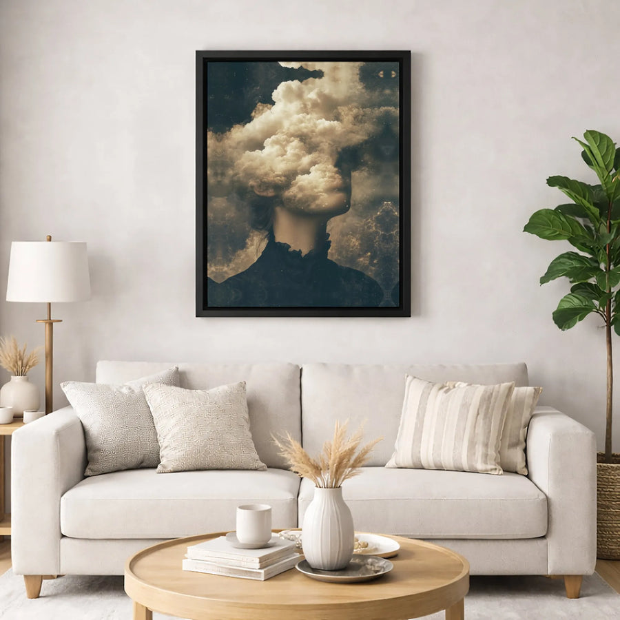 Surreal Woman Head In Clouds Canvas Wall Art | Ethereal Portrait Dark Academia Decor | Premium Gallery Wrap Print | Dreamy Fine Art Gift