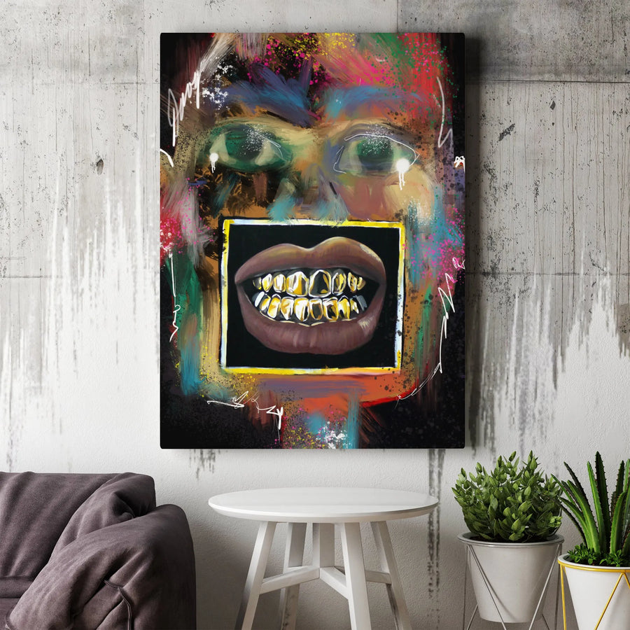 Abstract Graffiti Portrait Canvas | Gold Grillz Urban Art Print | Premium Fade-Resistant Wall Decor | Modern Edgy Home & Office Gift