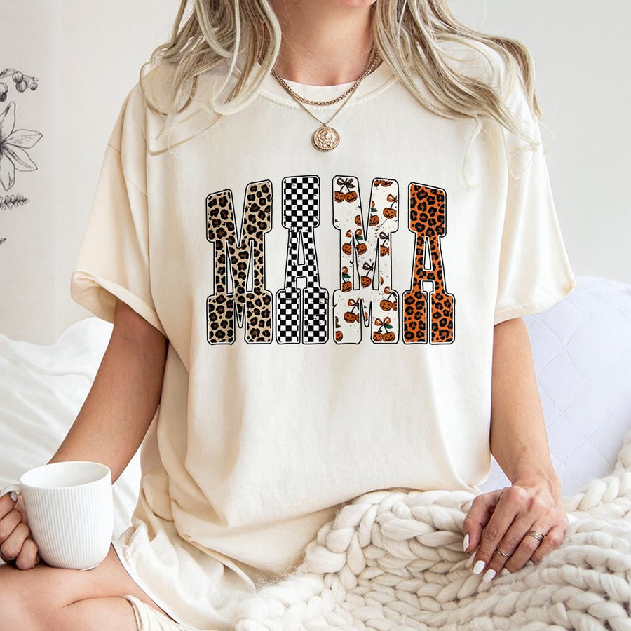 Mama T-Shirt | Halloween Leopard Print & Pumpkin Design | Premium 100% Cotton | Trendy Fall Gift for Mom