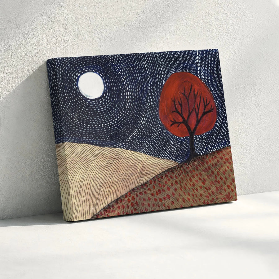 Red Tree and Moon Canvas Print | Folk Art Style Night Landscape | Premium Thick Gallery Canvas | Modern Home Decor Gift