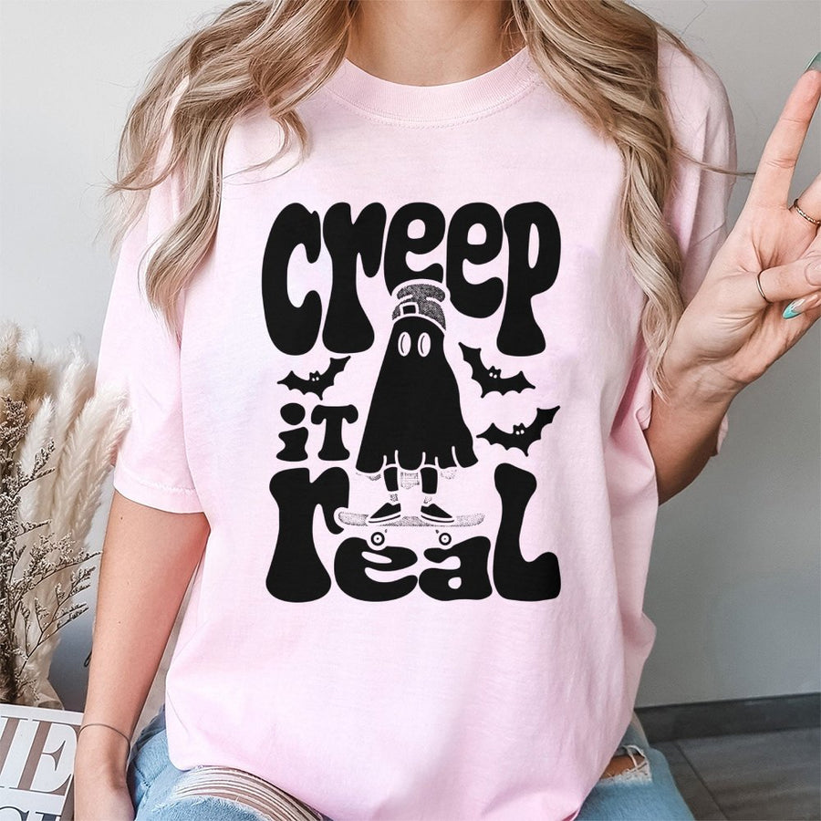 Creep It Real Ghost T-Shirt | Funny Skateboarder Halloween Graphic | 100% Premium Cotton | Spooky Retro Gift for Skaters and Horror Fans