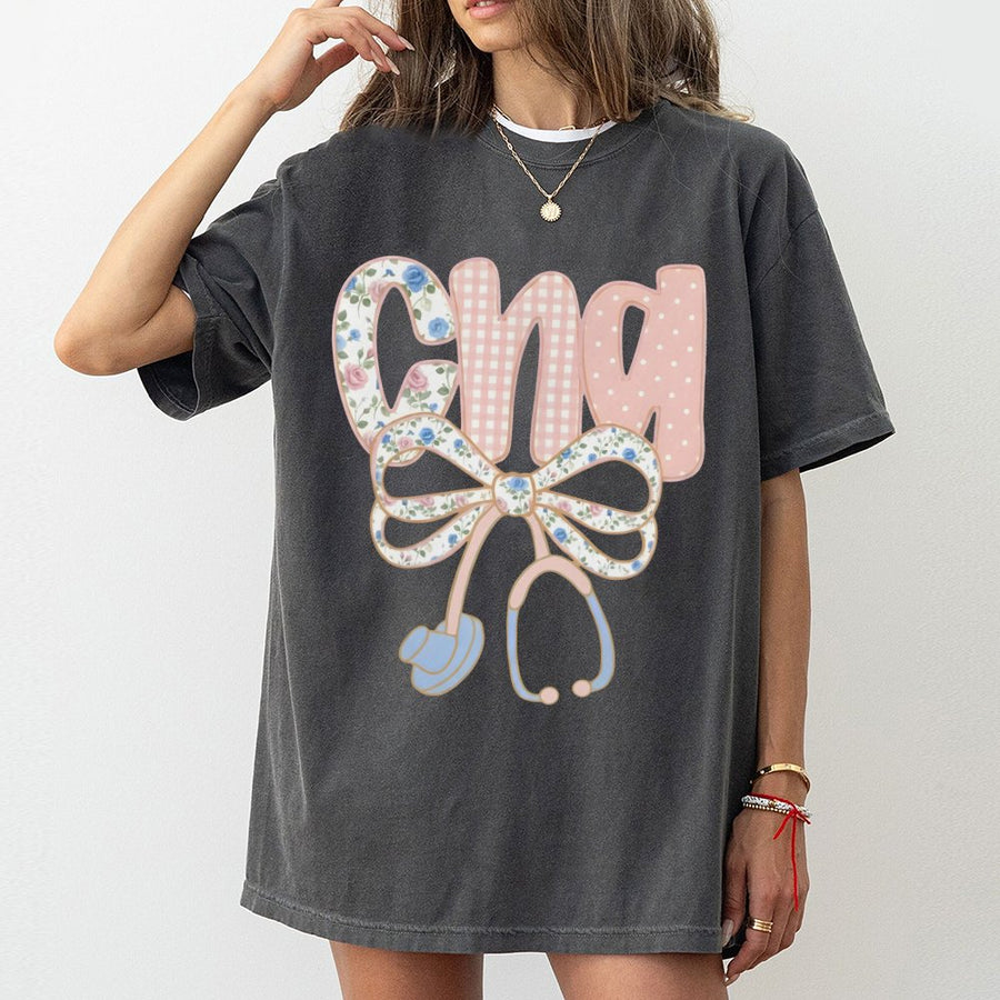 CNA T-Shirt | Coquette Floral Bow Aesthetic with Stethoscope | 100% Cotton Premium Tee | Gift for Certified Nursing Assistant Nurse