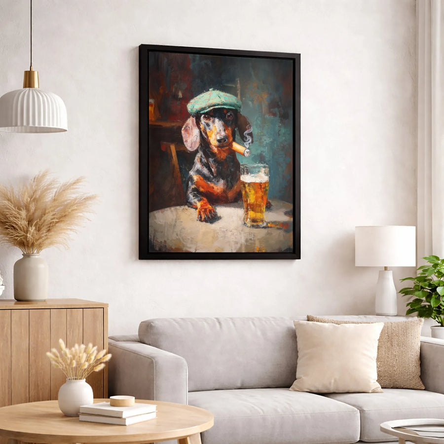Dachshund Smoking Cigar Canvas Art | Funny Dog Drinking Beer Painting | Premium Gallery-Wrapped Wall Decor | Unique Gift for Dog Lovers & Pub Owners