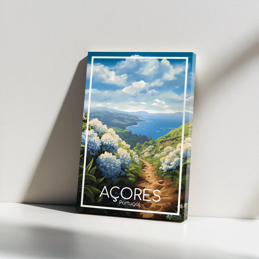 Azores Portugal Travel Poster Vertical Canvas | Retro Coastline & Hydrangeas Illustration | Premium 1.25 In Gallery Wrap Wall Art | Wanderlust Gift for Travelers