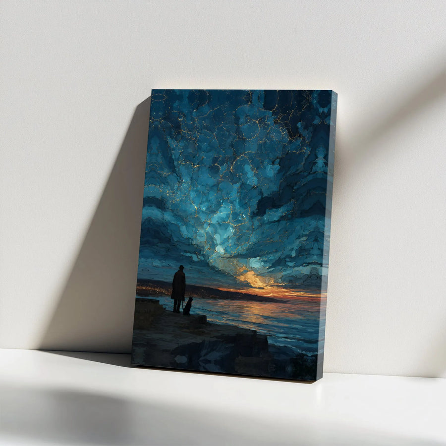 Man and Dog Seascape Canvas Art | Abstract Gold Vein Night Sky Print | Premium 1.25" Gallery Wrap | Moody Wall Decor for Living Room Office