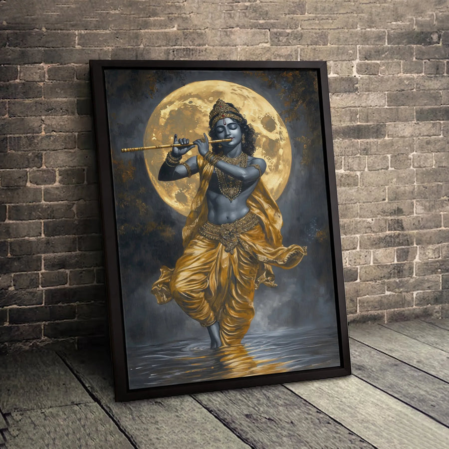 Lord Krishna Canvas Wall Art | Divine Flute Player Under Full Moon | Gallery-Quality 1.25-Inch Profile | Spiritual Home Decor Gift