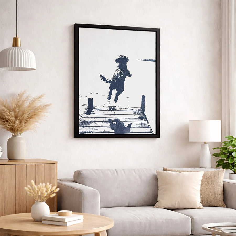 Dog Jumping Off Dock Canvas Print | Minimalist Lake Silhouette Art | 1.25-Inch Gallery Wrap | Premium Home Decor Gift for Dog Lovers