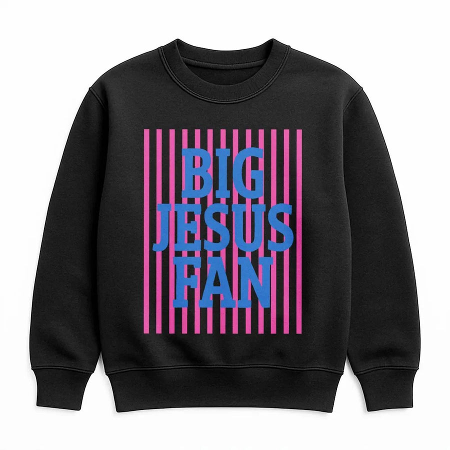 Big Jesus Fan Sweatshirt | Preppy Striped Christian Graphic | Cotton Blend Comfort | Trendy Religious Gift for Faith Enthusiasts