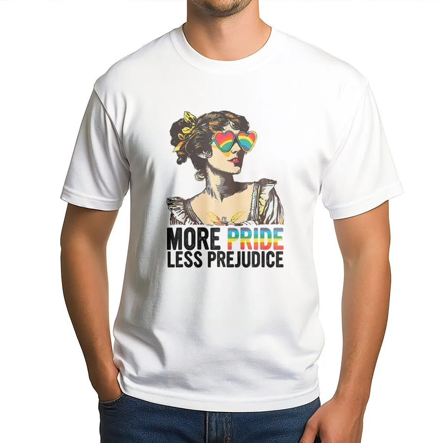 More Pride Less Prejudice T-Shirt | Rainbow Heart Sunglasses Graphic | 100% Cotton Premium Tee | LGBTQ Pride Month Gift for Ally