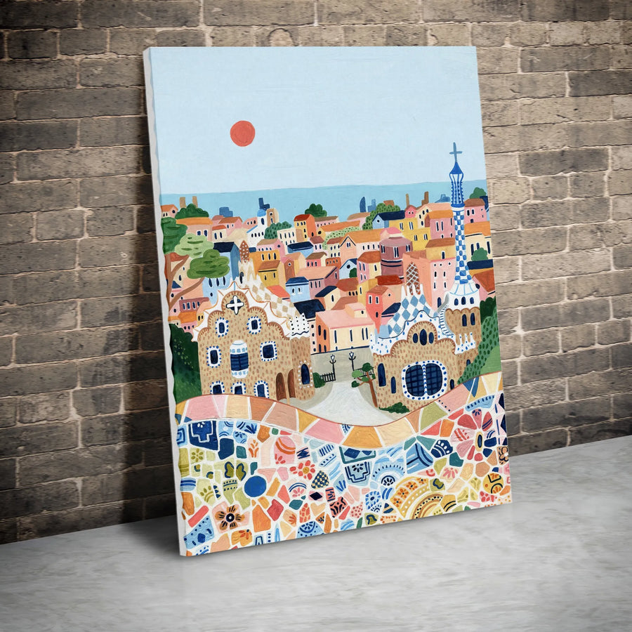 Park Güell Barcelona Canvas Print | Mediterranean Folk Art Illustration | 1.25" Gallery Wrapped Wall Decor | Vibrant Travel Gift