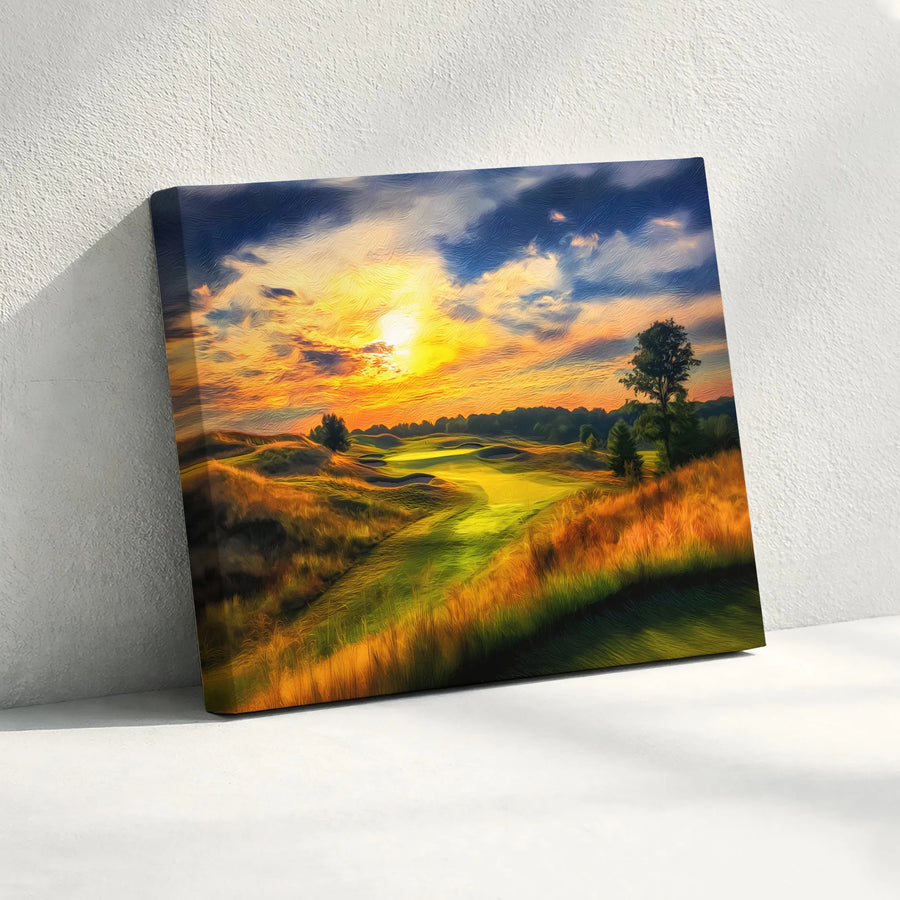 Golf Course Canvas Wall Art | Impressionist Sunset Landscape Painting | Premium Gallery Wrapped Canvas | Gift for Golfer, Man Cave Decor
