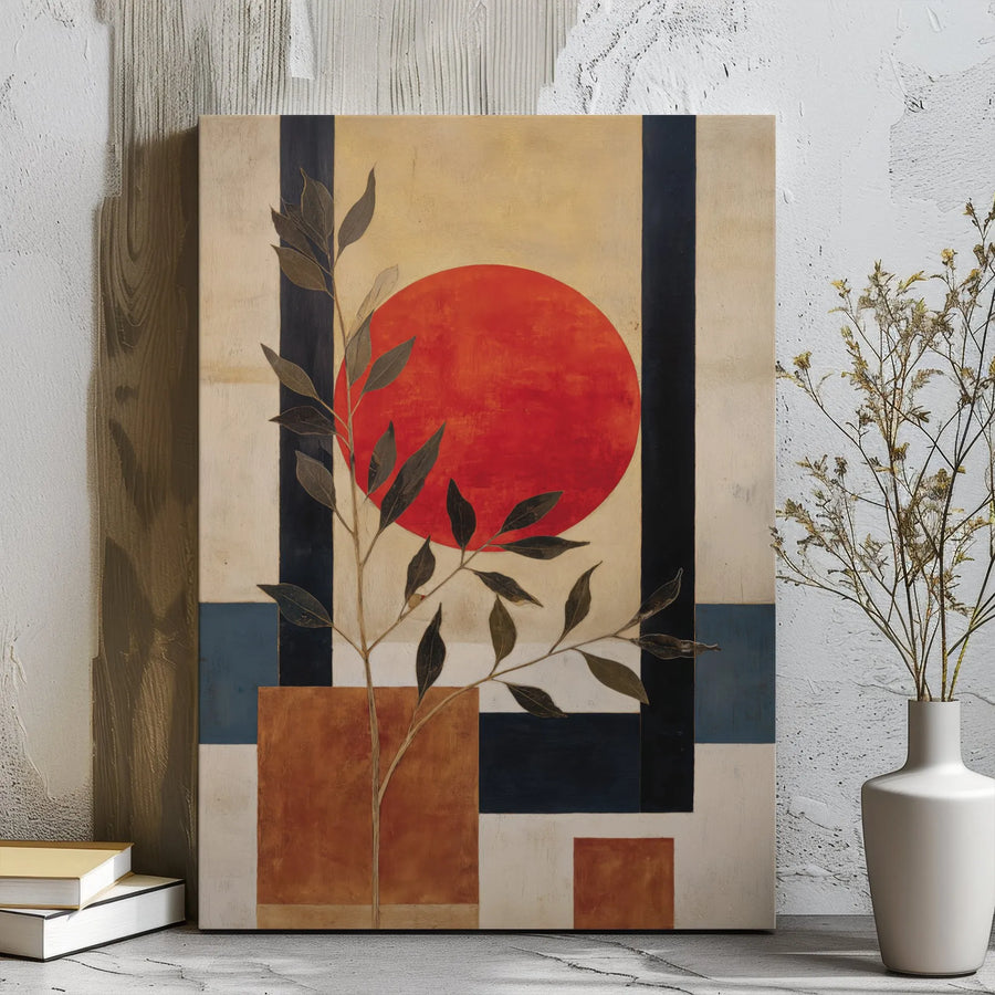 Abstract Geometric Wall Art | Red Sun Botanical Canvas Print | Modern Minimalist Home Decor | Premium Gallery Wrap Gift for Living Room