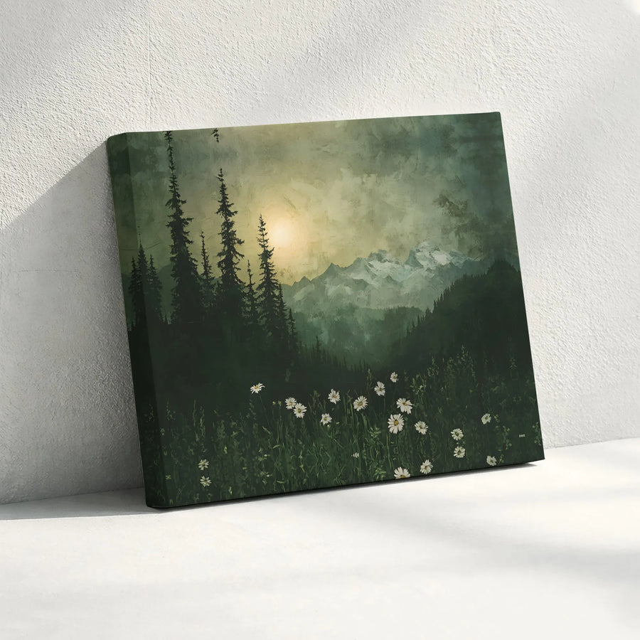 Mountain Forest Landscape Canvas | Misty Wildflower Field Sunrise Wall Art | Premium Fade-Resistant Print | Nature Lover Home Decor Gift