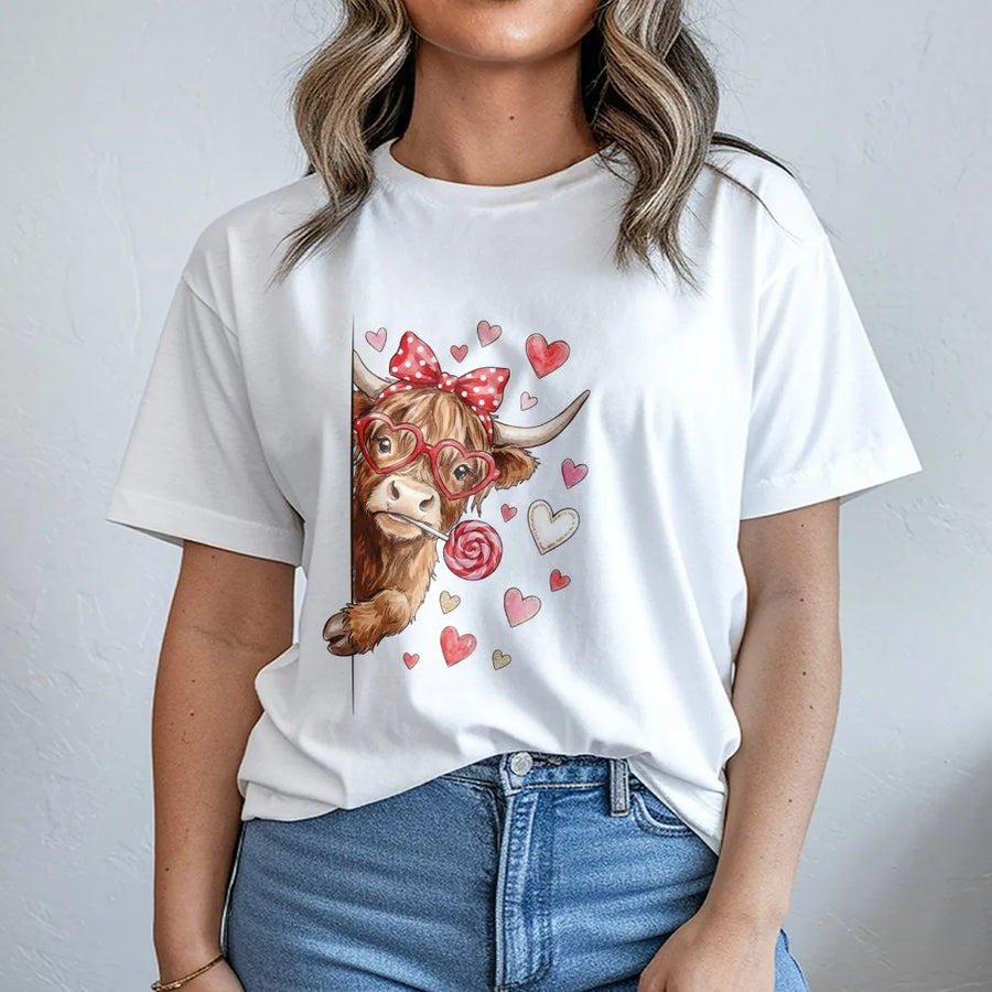 Highland Cow Valentine T-Shirt | Cute Coquette Heart Glasses Design | Premium Soft Cotton Tee | Romantic Gift for Her & Cow Lovers