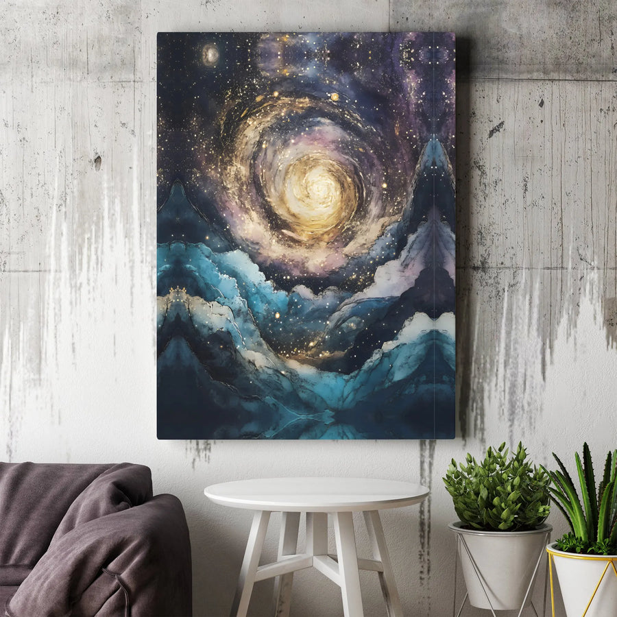 Galaxy Wall Art Canvas | Swirling Cosmic Nebula Over Blue Mountains | 1.25 Inch Premium Gallery Wrap | Modern Space Decor Gift For Home Office