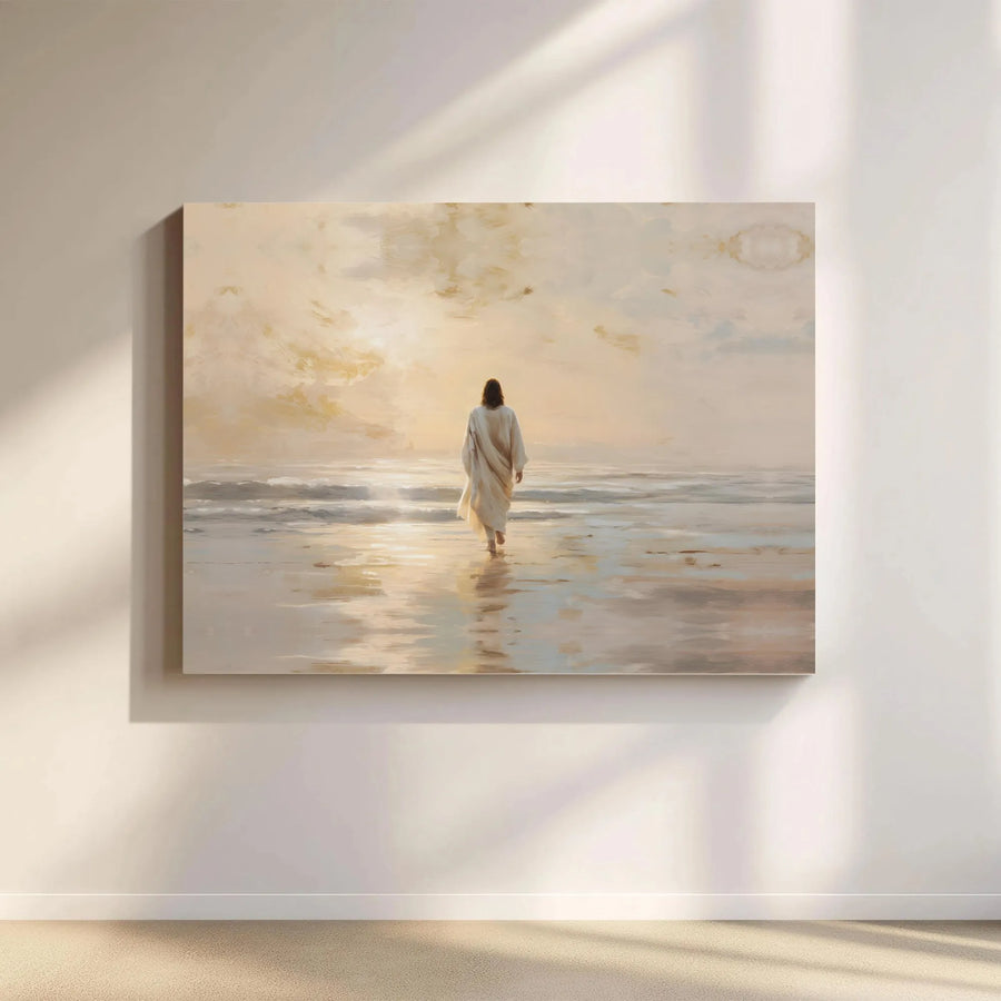 Jesus Walking On Water Canvas Wall Art | Serene Christian Beach Landscape | Premium Gallery Wrap Print | Faithful Home Decor Gift