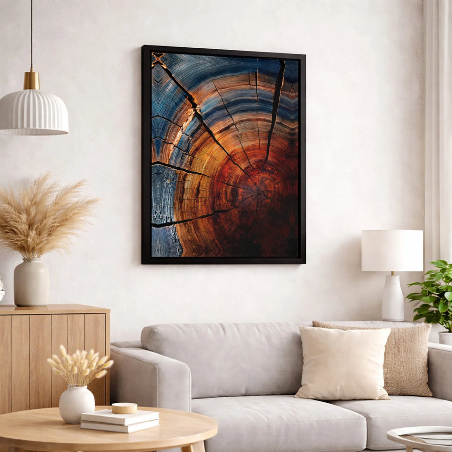 Abstract Tree Rings Canvas Wall Art | Blue and Orange Wood Cross-Section Print | Premium Gallery-Wrapped Gallery Quality | Modern Home Decor Gift