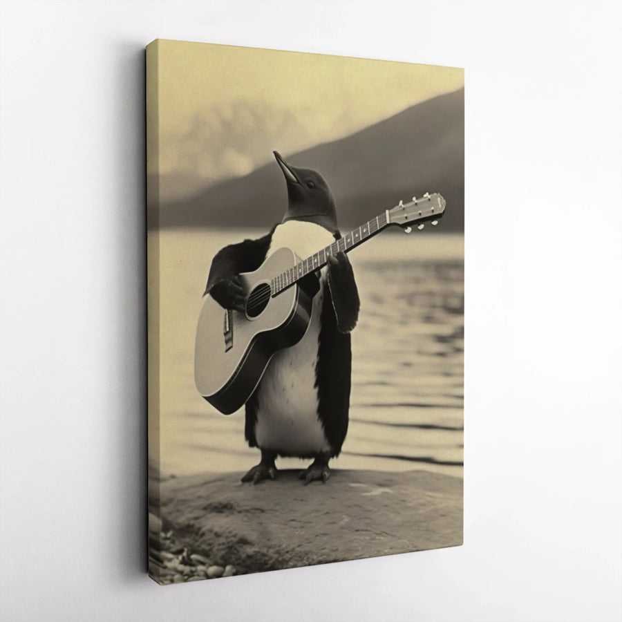 Penguin Playing Acoustic Guitar Canvas Wall Art | Whimsical Animal Musician Portrait | Premium Gallery Wrapped Decor | Unique Gift For Music Lovers