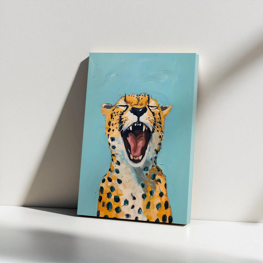 Yawning Cheetah Canvas Wall Art | Whimsical Animal Portrait | 1.25" Gallery Wrap Premium Print | Modern Wildlife Home Decor Gift
