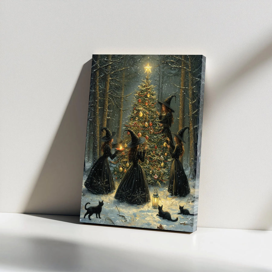 Witch Christmas Tree Canvas Wall Art | Snowy Forest Fantasy Decor | Premium Gallery Wrap Print | Magical Holiday Home Gift for Witchy Aesthetic Lovers