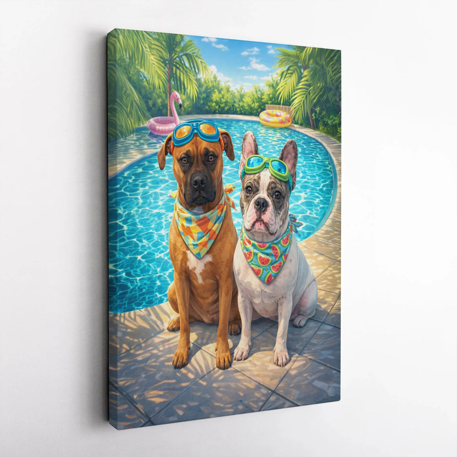 Funny Dogs Pool Party Canvas | French Bulldog & Boxer with Goggles | Thick Gallery Wrap Canvas | Premium Gift for Dog Lovers
