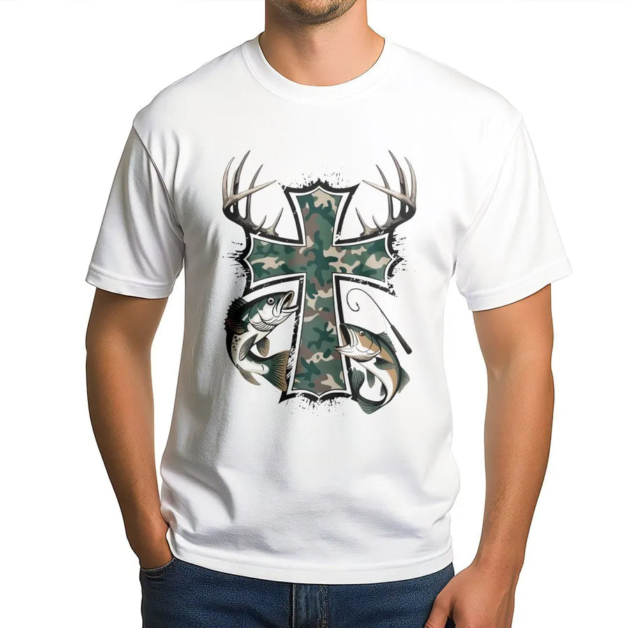 Camo Cross Hunting T-Shirt | Bass Fishing & Deer Antler Graphic | 100% Cotton Premium Tee | Outdoor Enthusiast Gift For Men & Women