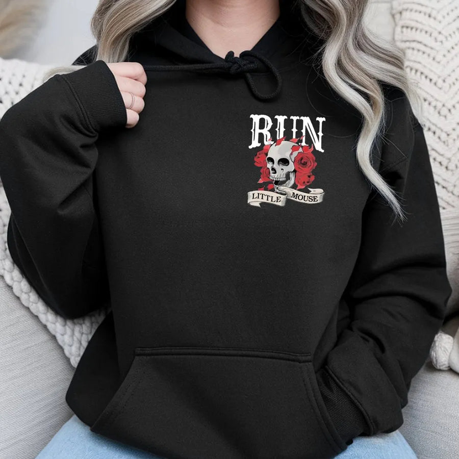Run Little Mouse Hoodie | Dark Romance Aesthetic Skull Rose Graphic | Premium Cotton Blend Pullover | Book Lover Gift for Her