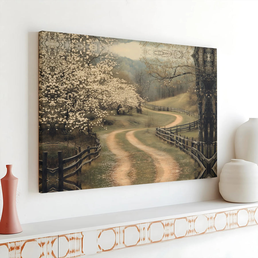 Country Road Canvas Wall Art | Winding Path & Blooming Spring Trees | Premium Canvas Print | Rustic Farmhouse Living Room Decor Gift