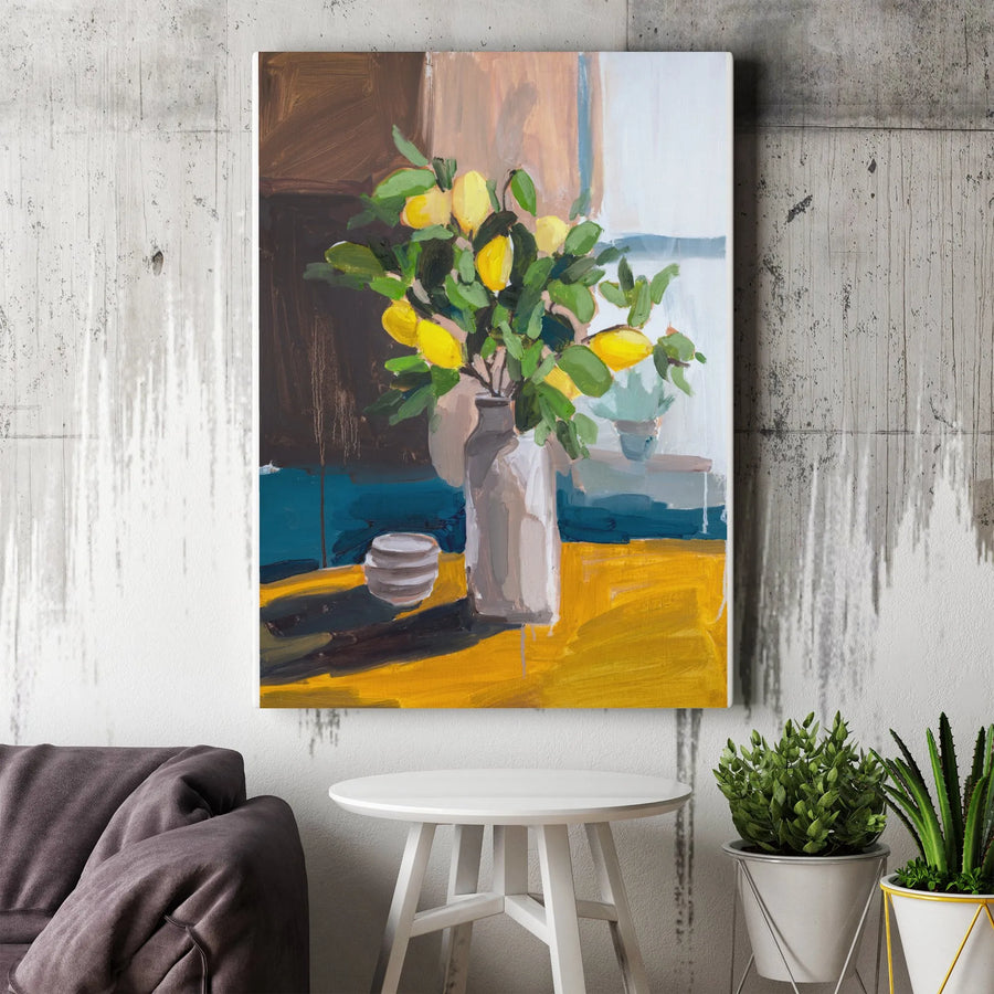 Lemon Still Life Vertical Canvas | Vibrant Citrus Painting Print | Premium Thick Gallery Wrap | Modern Kitchen & Dining Room Decor Gift