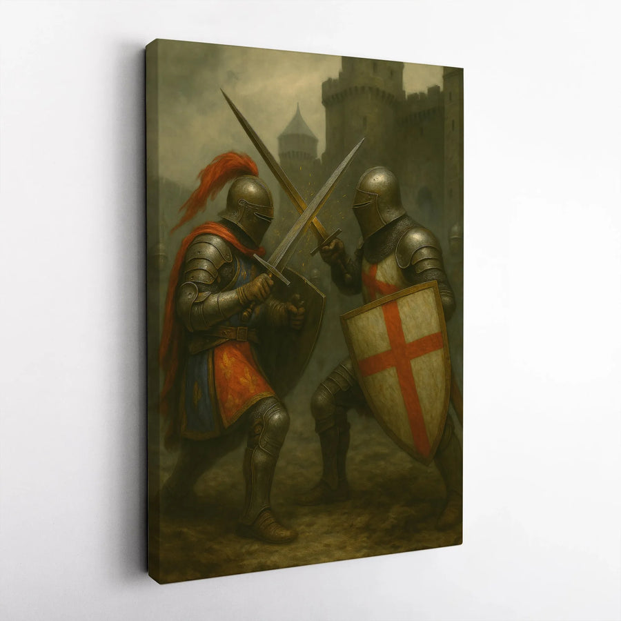 Medieval Knight Wall Art | Epic Sword Duel Oil Painting Style | Premium 1.25-Inch Gallery Canvas | Historic Fantasy Home Decor Gift