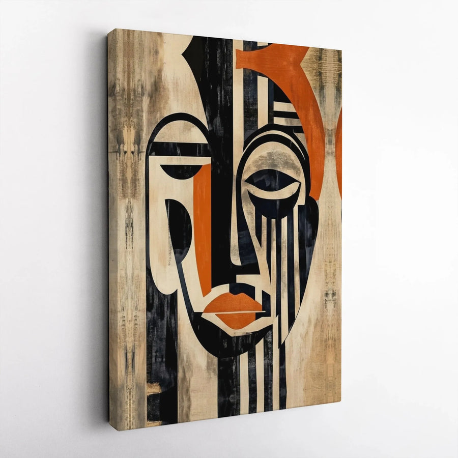 Abstract Face Canvas Wall Art | Unique Cubist Portrait with Wood Texture | Premium Gallery Wrapped Print | Modern Statement Decor for Home or Office